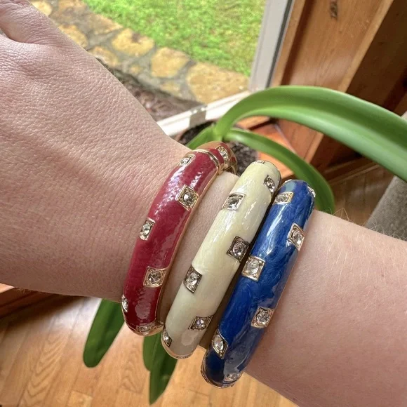 Set of 3 Red, White & Blue Enameled Bangles Hinged Patriotic Clamper Bracelet - Picture 3 of 15